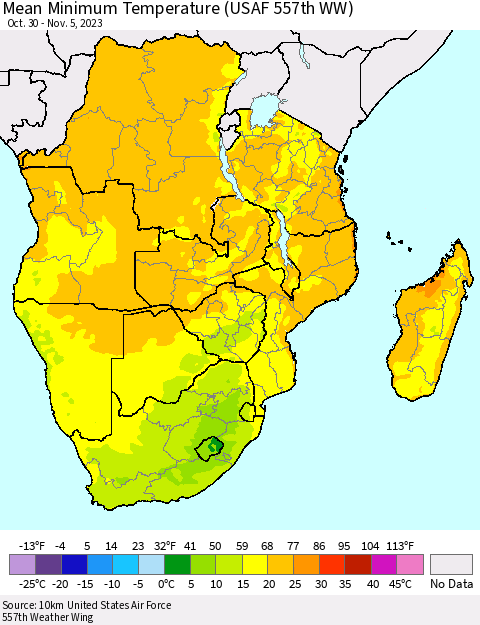 Southern Africa Mean Minimum Temperature (USAF 557th WW) Thematic Map For 10/30/2023 - 11/5/2023
