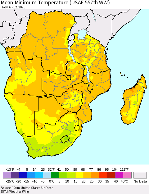 Southern Africa Mean Minimum Temperature (USAF 557th WW) Thematic Map For 11/6/2023 - 11/12/2023