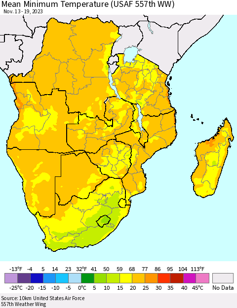 Southern Africa Mean Minimum Temperature (USAF 557th WW) Thematic Map For 11/13/2023 - 11/19/2023