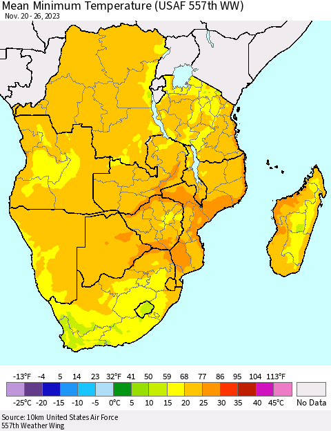 Southern Africa Mean Minimum Temperature (USAF 557th WW) Thematic Map For 11/20/2023 - 11/26/2023