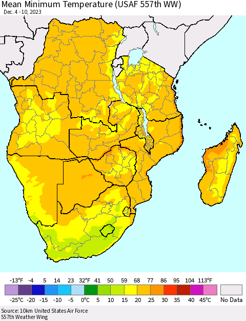 Southern Africa Mean Minimum Temperature (USAF 557th WW) Thematic Map For 12/4/2023 - 12/10/2023