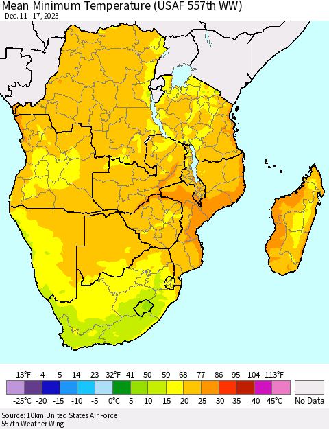 Southern Africa Mean Minimum Temperature (USAF 557th WW) Thematic Map For 12/11/2023 - 12/17/2023