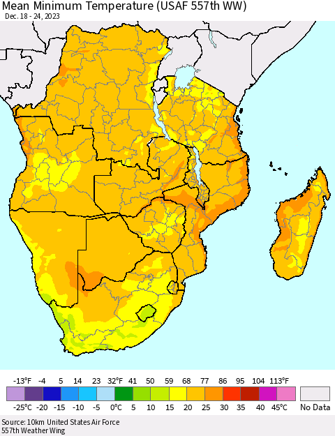 Southern Africa Mean Minimum Temperature (USAF 557th WW) Thematic Map For 12/18/2023 - 12/24/2023