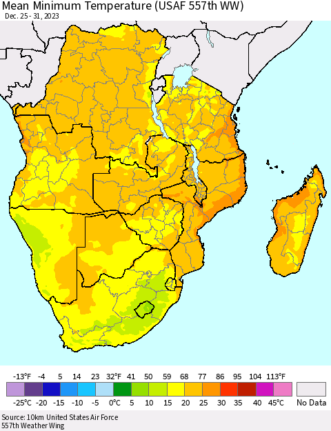 Southern Africa Mean Minimum Temperature (USAF 557th WW) Thematic Map For 12/25/2023 - 12/31/2023