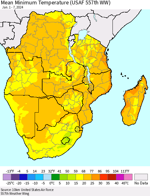 Southern Africa Mean Minimum Temperature (USAF 557th WW) Thematic Map For 1/1/2024 - 1/7/2024
