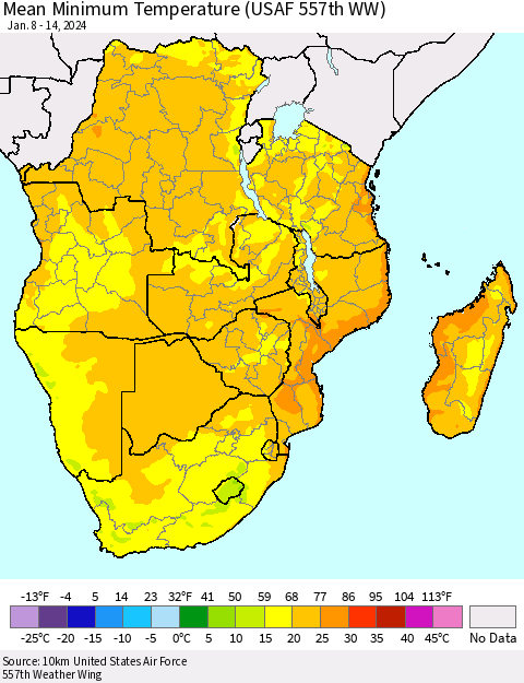 Southern Africa Mean Minimum Temperature (USAF 557th WW) Thematic Map For 1/8/2024 - 1/14/2024