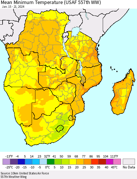 Southern Africa Mean Minimum Temperature (USAF 557th WW) Thematic Map For 1/15/2024 - 1/21/2024