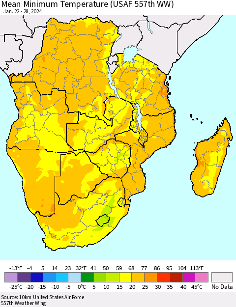 Southern Africa Mean Minimum Temperature (USAF 557th WW) Thematic Map For 1/22/2024 - 1/28/2024