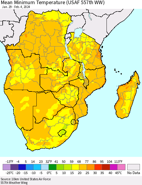 Southern Africa Mean Minimum Temperature (USAF 557th WW) Thematic Map For 1/29/2024 - 2/4/2024