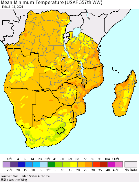 Southern Africa Mean Minimum Temperature (USAF 557th WW) Thematic Map For 2/5/2024 - 2/11/2024