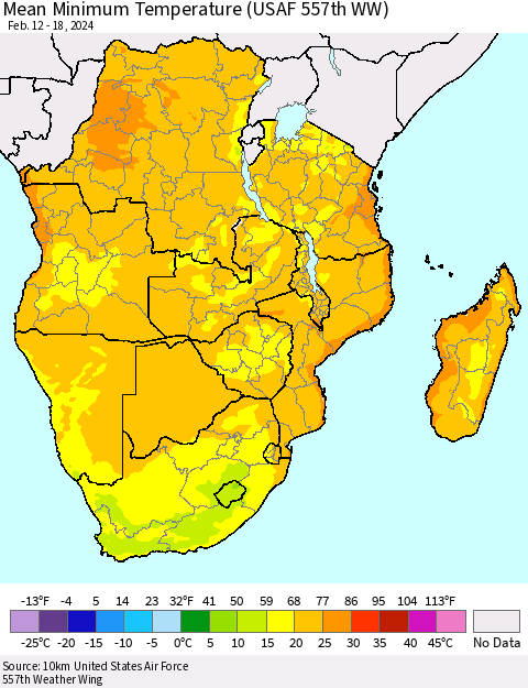 Southern Africa Mean Minimum Temperature (USAF 557th WW) Thematic Map For 2/12/2024 - 2/18/2024