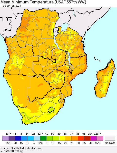 Southern Africa Mean Minimum Temperature (USAF 557th WW) Thematic Map For 2/19/2024 - 2/25/2024