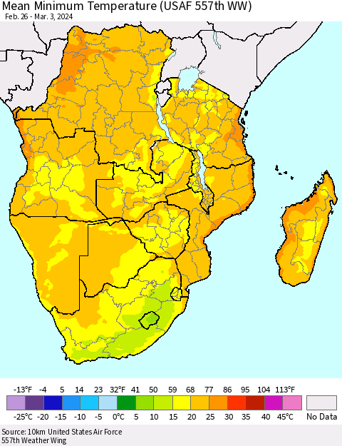 Southern Africa Mean Minimum Temperature (USAF 557th WW) Thematic Map For 2/26/2024 - 3/3/2024