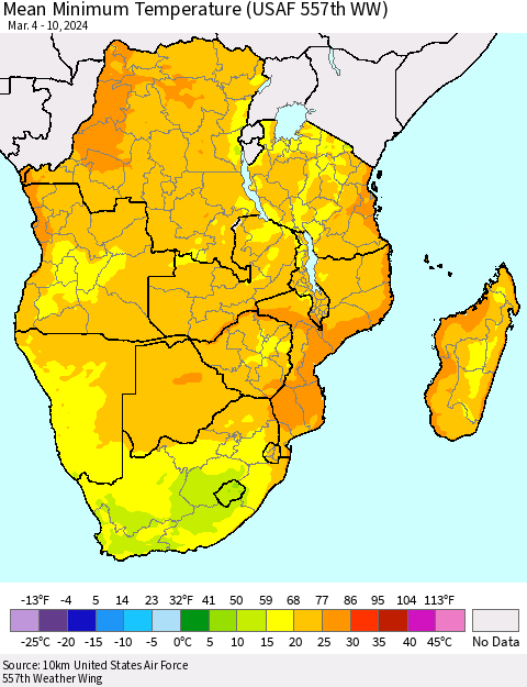 Southern Africa Mean Minimum Temperature (USAF 557th WW) Thematic Map For 3/4/2024 - 3/10/2024