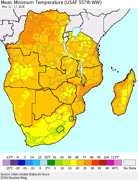 Southern Africa Mean Minimum Temperature (USAF 557th WW) Thematic Map For 3/11/2024 - 3/17/2024