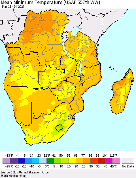 Southern Africa Mean Minimum Temperature (USAF 557th WW) Thematic Map For 3/18/2024 - 3/24/2024