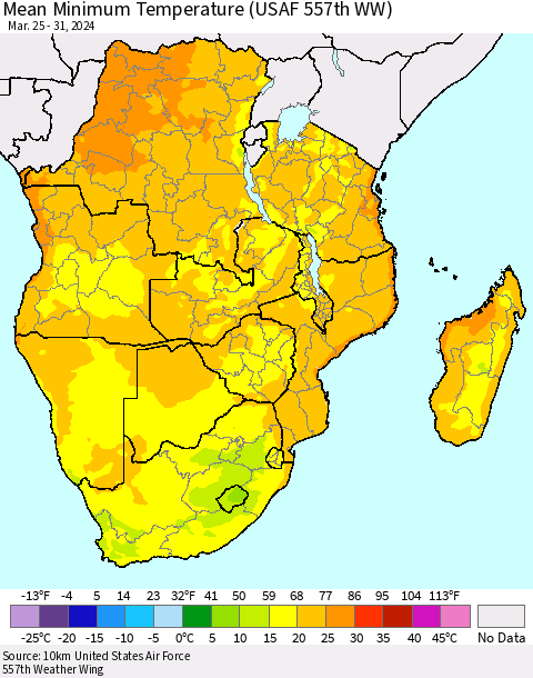 Southern Africa Mean Minimum Temperature (USAF 557th WW) Thematic Map For 3/25/2024 - 3/31/2024