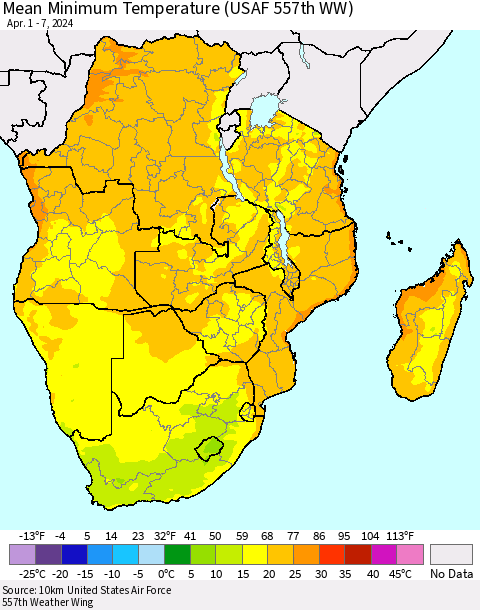 Southern Africa Mean Minimum Temperature (USAF 557th WW) Thematic Map For 4/1/2024 - 4/7/2024