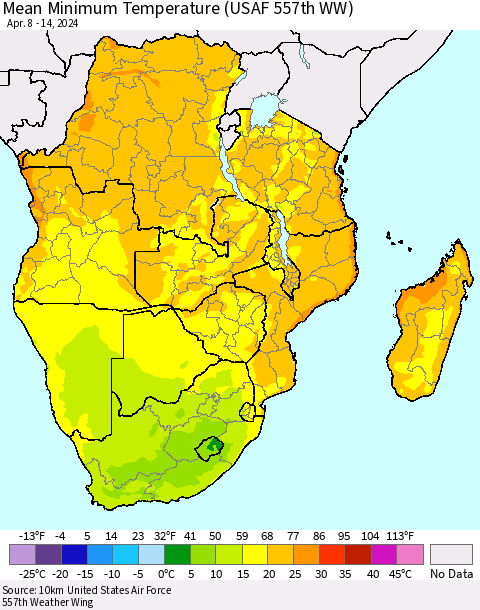 Southern Africa Mean Minimum Temperature (USAF 557th WW) Thematic Map For 4/8/2024 - 4/14/2024