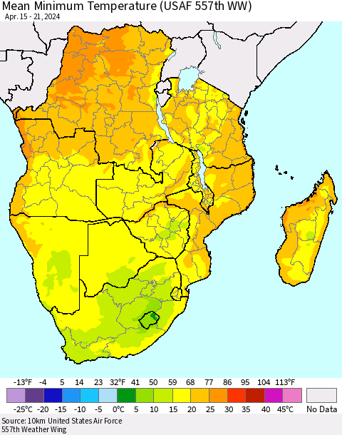 Southern Africa Mean Minimum Temperature (USAF 557th WW) Thematic Map For 4/15/2024 - 4/21/2024