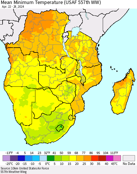 Southern Africa Mean Minimum Temperature (USAF 557th WW) Thematic Map For 4/22/2024 - 4/28/2024