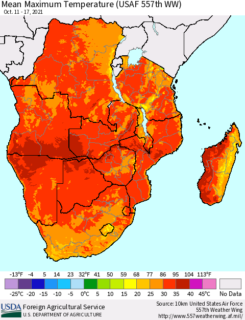 Southern Africa Mean Maximum Temperature (USAF 557th WW) Thematic Map For 10/11/2021 - 10/17/2021
