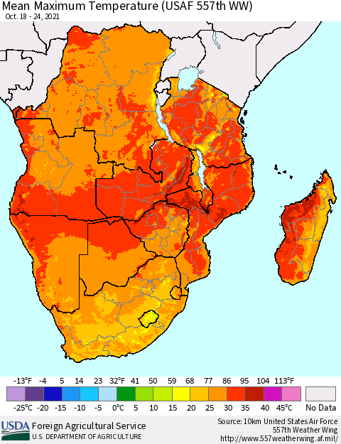 Southern Africa Mean Maximum Temperature (USAF 557th WW) Thematic Map For 10/18/2021 - 10/24/2021