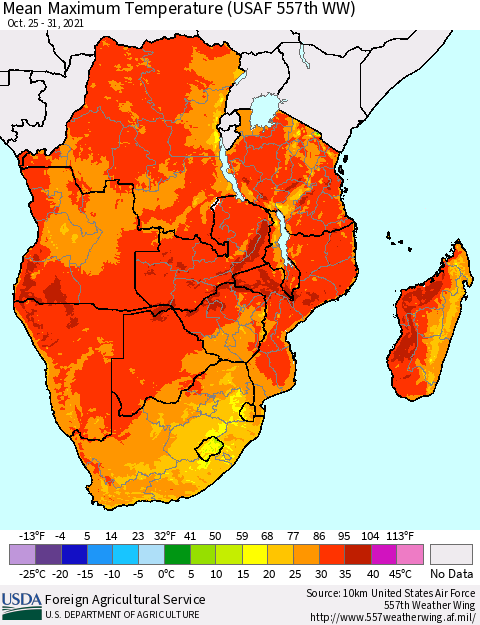 Southern Africa Mean Maximum Temperature (USAF 557th WW) Thematic Map For 10/25/2021 - 10/31/2021