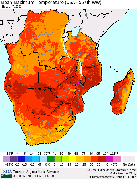 Southern Africa Mean Maximum Temperature (USAF 557th WW) Thematic Map For 11/1/2021 - 11/7/2021