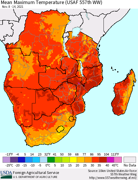 Southern Africa Mean Maximum Temperature (USAF 557th WW) Thematic Map For 11/8/2021 - 11/14/2021