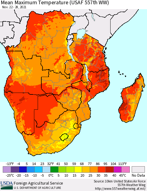 Southern Africa Mean Maximum Temperature (USAF 557th WW) Thematic Map For 11/22/2021 - 11/28/2021