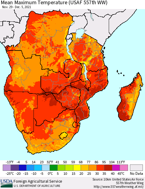 Southern Africa Mean Maximum Temperature (USAF 557th WW) Thematic Map For 11/29/2021 - 12/5/2021