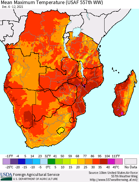 Southern Africa Mean Maximum Temperature (USAF 557th WW) Thematic Map For 12/6/2021 - 12/12/2021