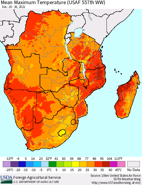 Southern Africa Mean Maximum Temperature (USAF 557th WW) Thematic Map For 12/20/2021 - 12/26/2021