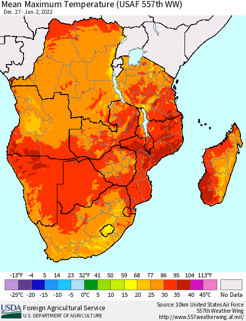 Southern Africa Mean Maximum Temperature (USAF 557th WW) Thematic Map For 12/27/2021 - 1/2/2022