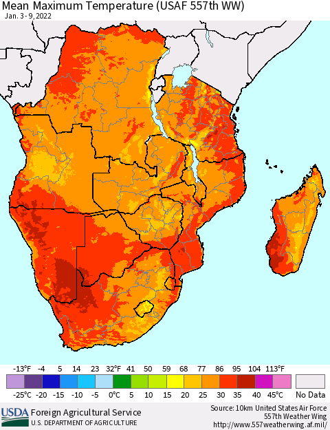 Southern Africa Mean Maximum Temperature (USAF 557th WW) Thematic Map For 1/3/2022 - 1/9/2022