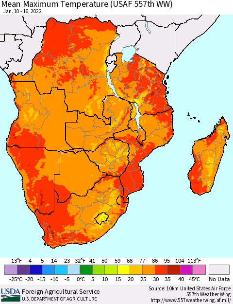 Southern Africa Mean Maximum Temperature (USAF 557th WW) Thematic Map For 1/10/2022 - 1/16/2022