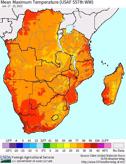 Southern Africa Mean Maximum Temperature (USAF 557th WW) Thematic Map For 1/17/2022 - 1/23/2022