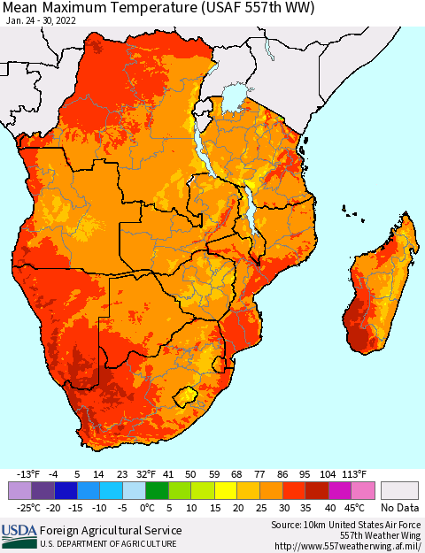 Southern Africa Mean Maximum Temperature (USAF 557th WW) Thematic Map For 1/24/2022 - 1/30/2022