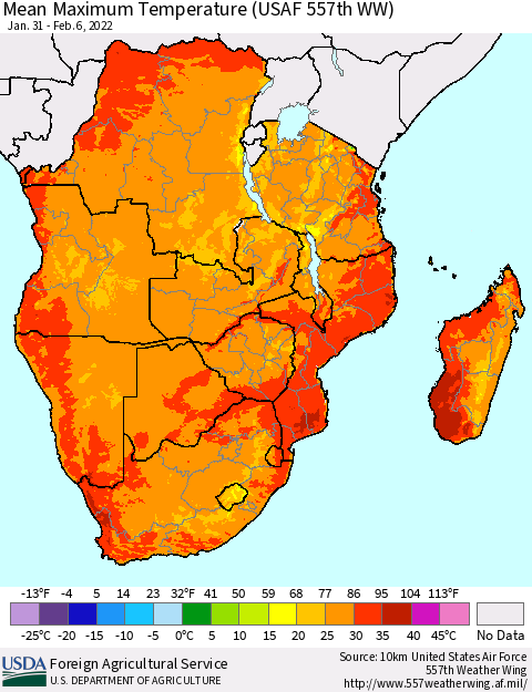 Southern Africa Mean Maximum Temperature (USAF 557th WW) Thematic Map For 1/31/2022 - 2/6/2022