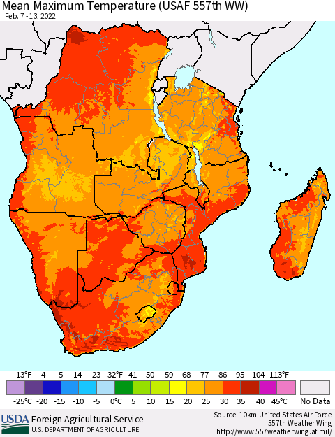 Southern Africa Mean Maximum Temperature (USAF 557th WW) Thematic Map For 2/7/2022 - 2/13/2022