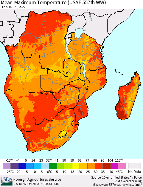 Southern Africa Mean Maximum Temperature (USAF 557th WW) Thematic Map For 2/14/2022 - 2/20/2022