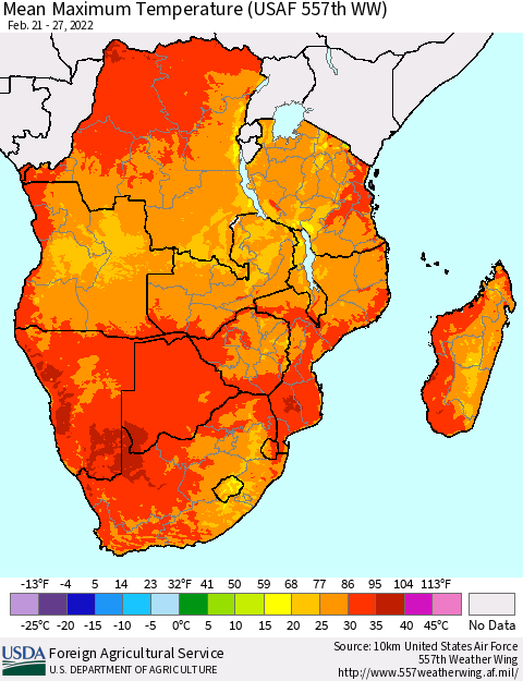 Southern Africa Mean Maximum Temperature (USAF 557th WW) Thematic Map For 2/21/2022 - 2/27/2022