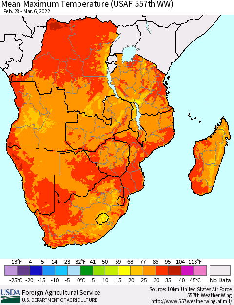 Southern Africa Mean Maximum Temperature (USAF 557th WW) Thematic Map For 2/28/2022 - 3/6/2022