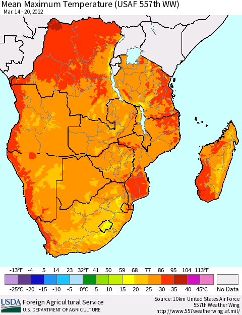 Southern Africa Mean Maximum Temperature (USAF 557th WW) Thematic Map For 3/14/2022 - 3/20/2022