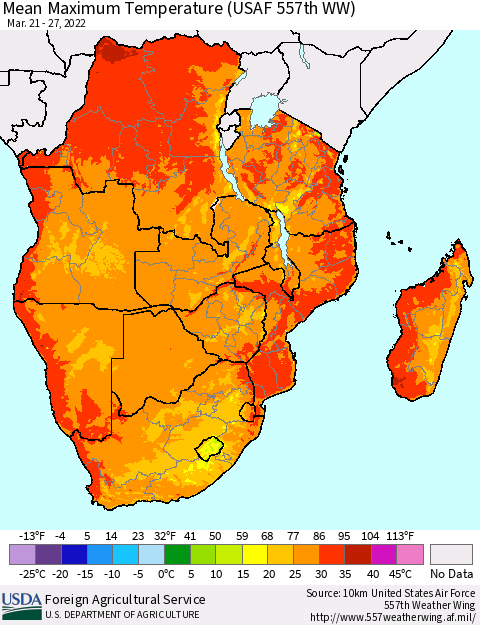 Southern Africa Mean Maximum Temperature (USAF 557th WW) Thematic Map For 3/21/2022 - 3/27/2022