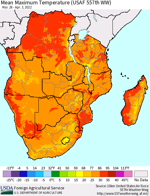 Southern Africa Mean Maximum Temperature (USAF 557th WW) Thematic Map For 3/28/2022 - 4/3/2022