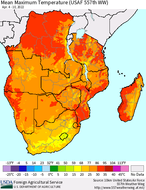 Southern Africa Mean Maximum Temperature (USAF 557th WW) Thematic Map For 4/4/2022 - 4/10/2022