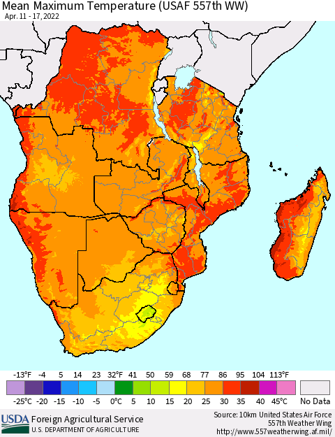 Southern Africa Mean Maximum Temperature (USAF 557th WW) Thematic Map For 4/11/2022 - 4/17/2022