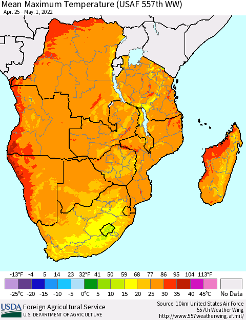 Southern Africa Mean Maximum Temperature (USAF 557th WW) Thematic Map For 4/25/2022 - 5/1/2022